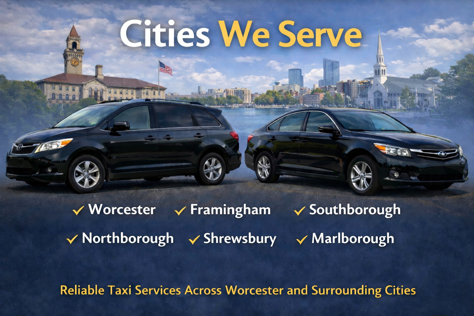 Worcester Town Taxi serving Worcester, Framingham, Northborough, Southborough, Westborough, Shrewsbury, and Marlborough with professional drivers and modern vehicles